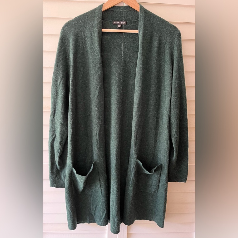 Eileen Fisher 100% Cashmere Long Green Cardigan Size Small